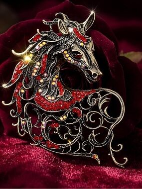 Anthropologie Red and Gold Horse Brooch